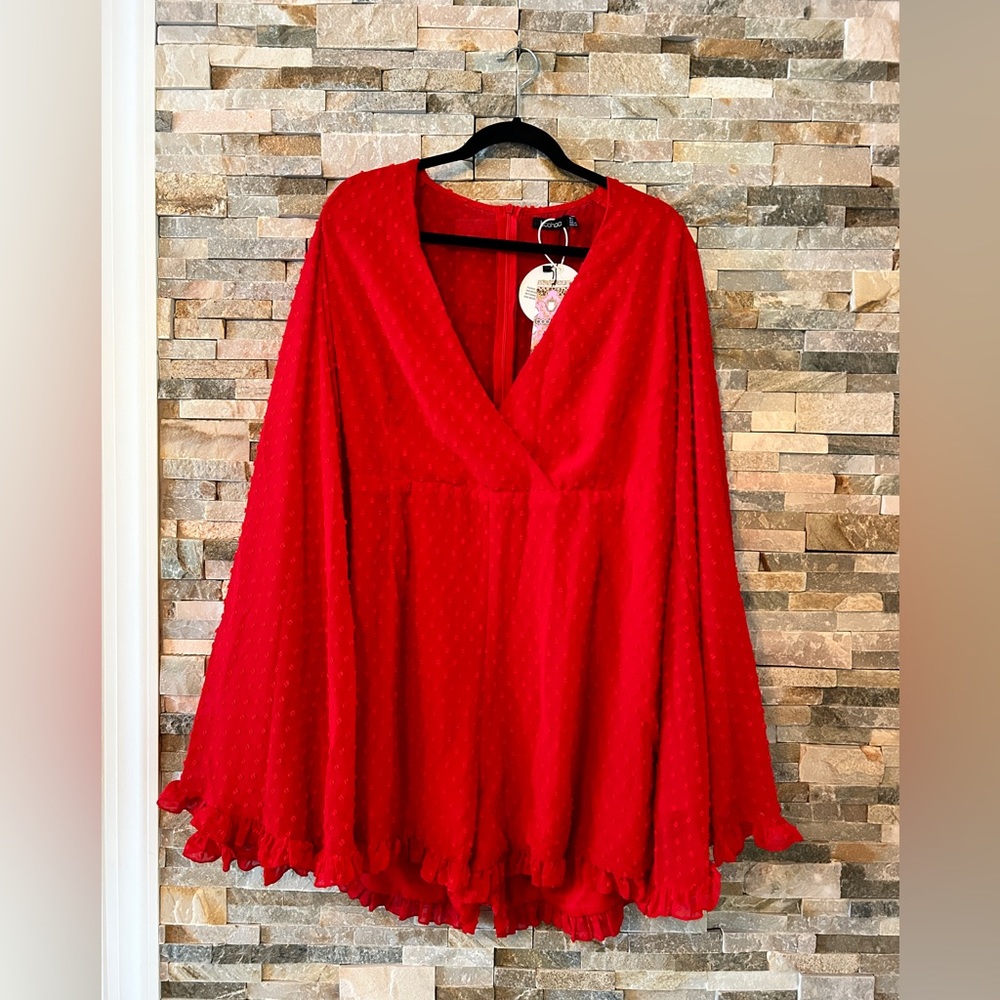 Boohoo Red Romper, 18 Plus, Dobby Chiffon Wide Sleeved Playsuit, NWT